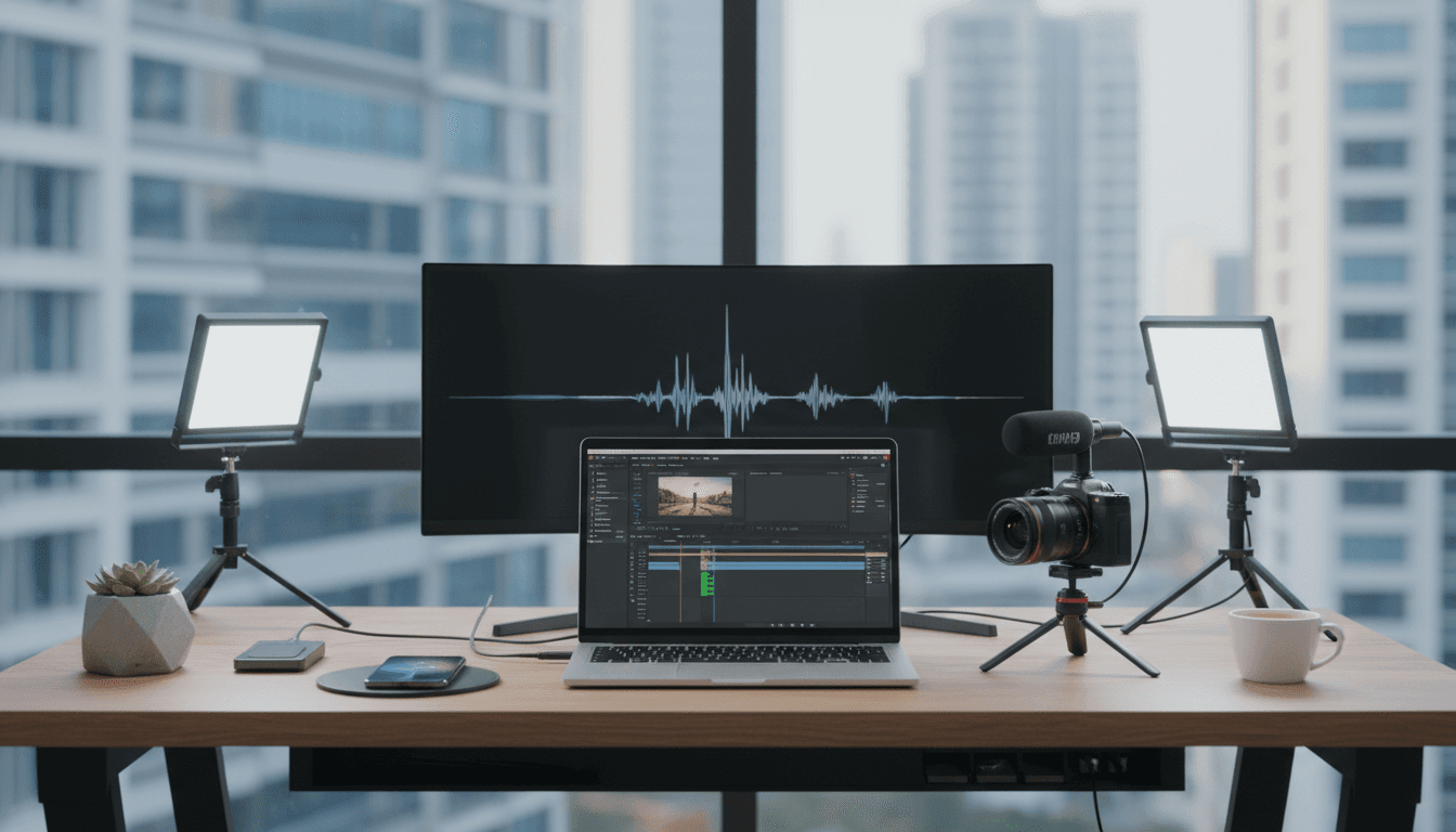 Workspace digitale con software development, video production tools e smartphone